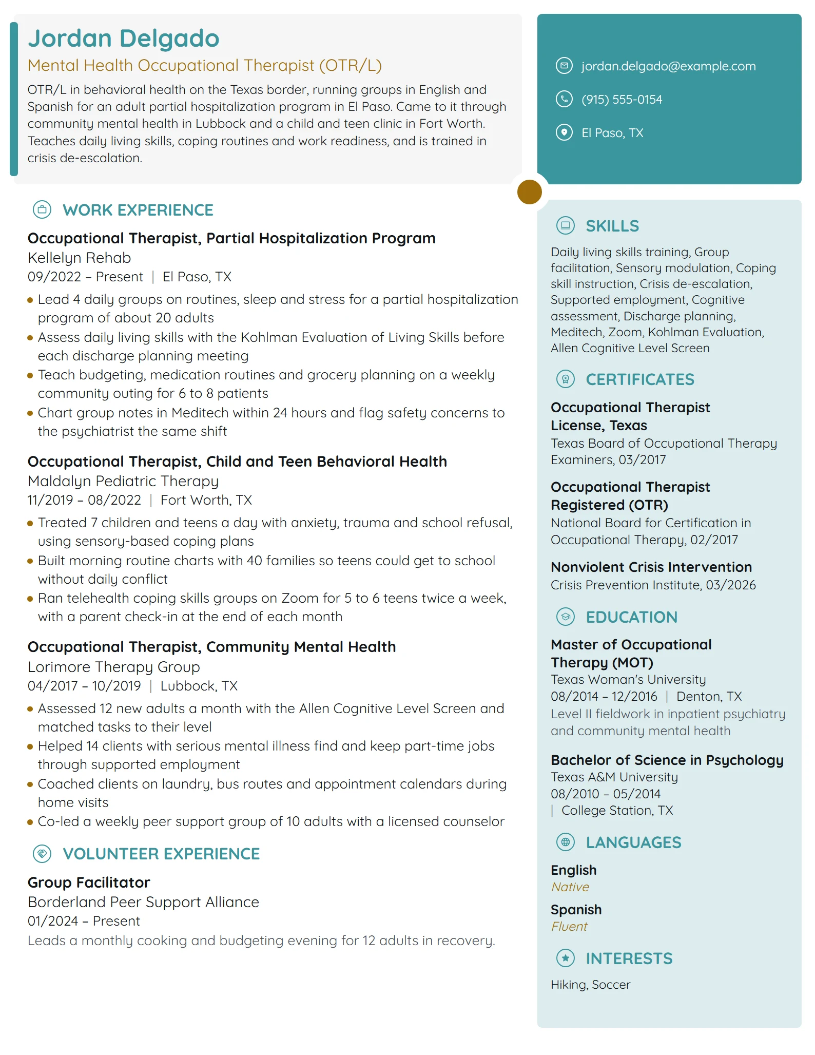 Mental Health Occupational Therapist resume example