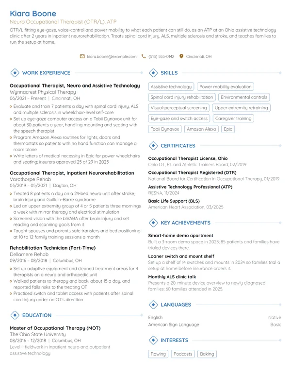Neuro Occupational Therapist resume example