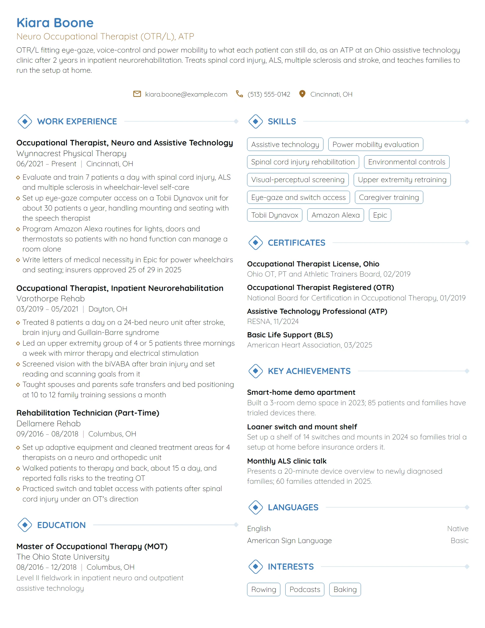 Neuro Occupational Therapist resume example