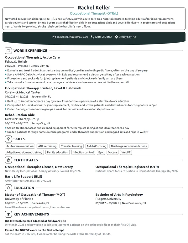 New Grad Occupational Therapist resume example