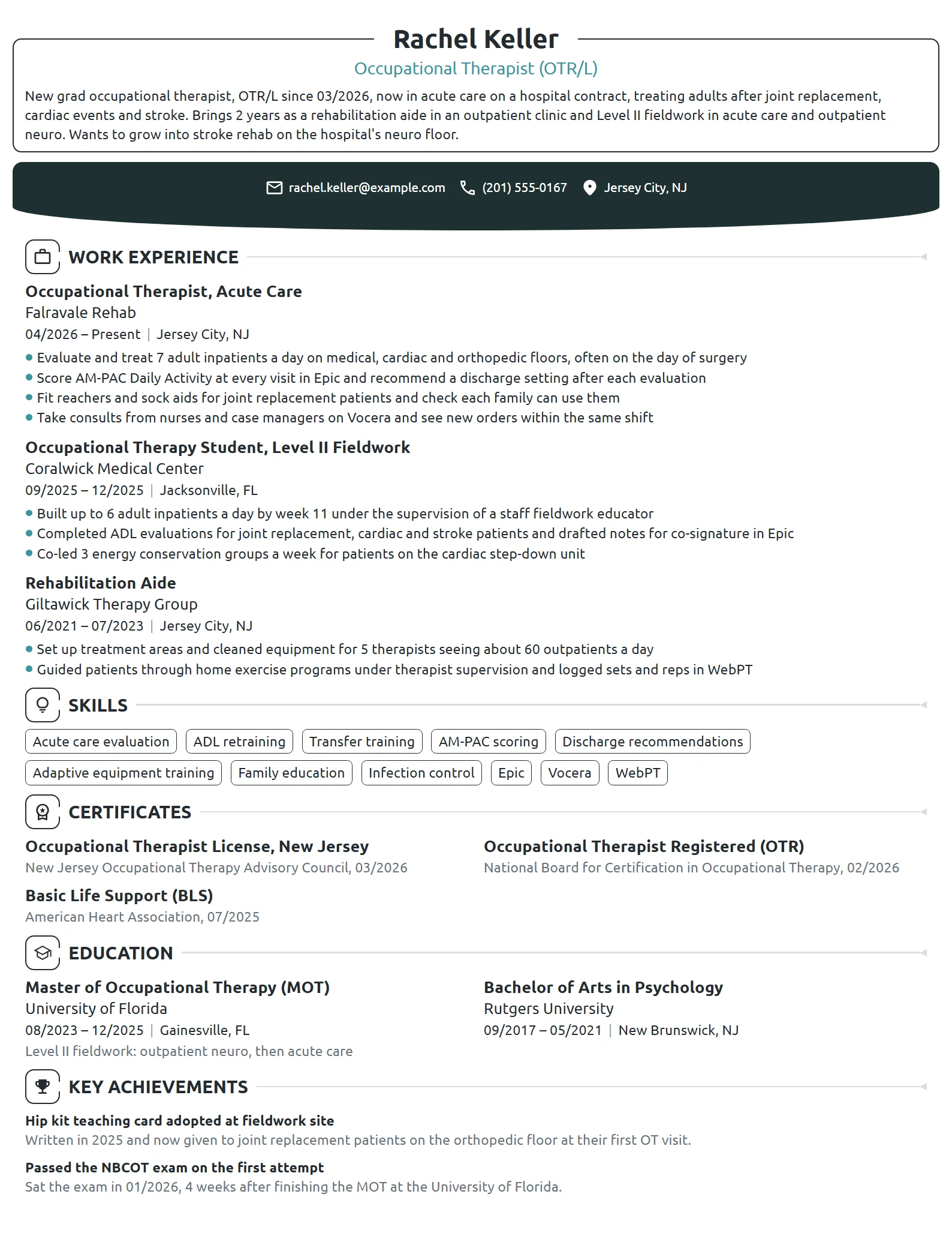 New Grad Occupational Therapist resume example