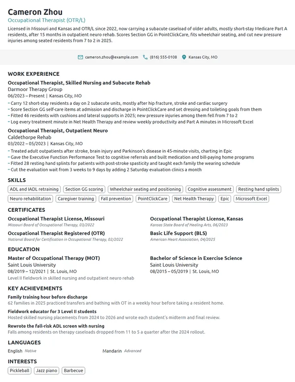 Occupational Therapist resume example