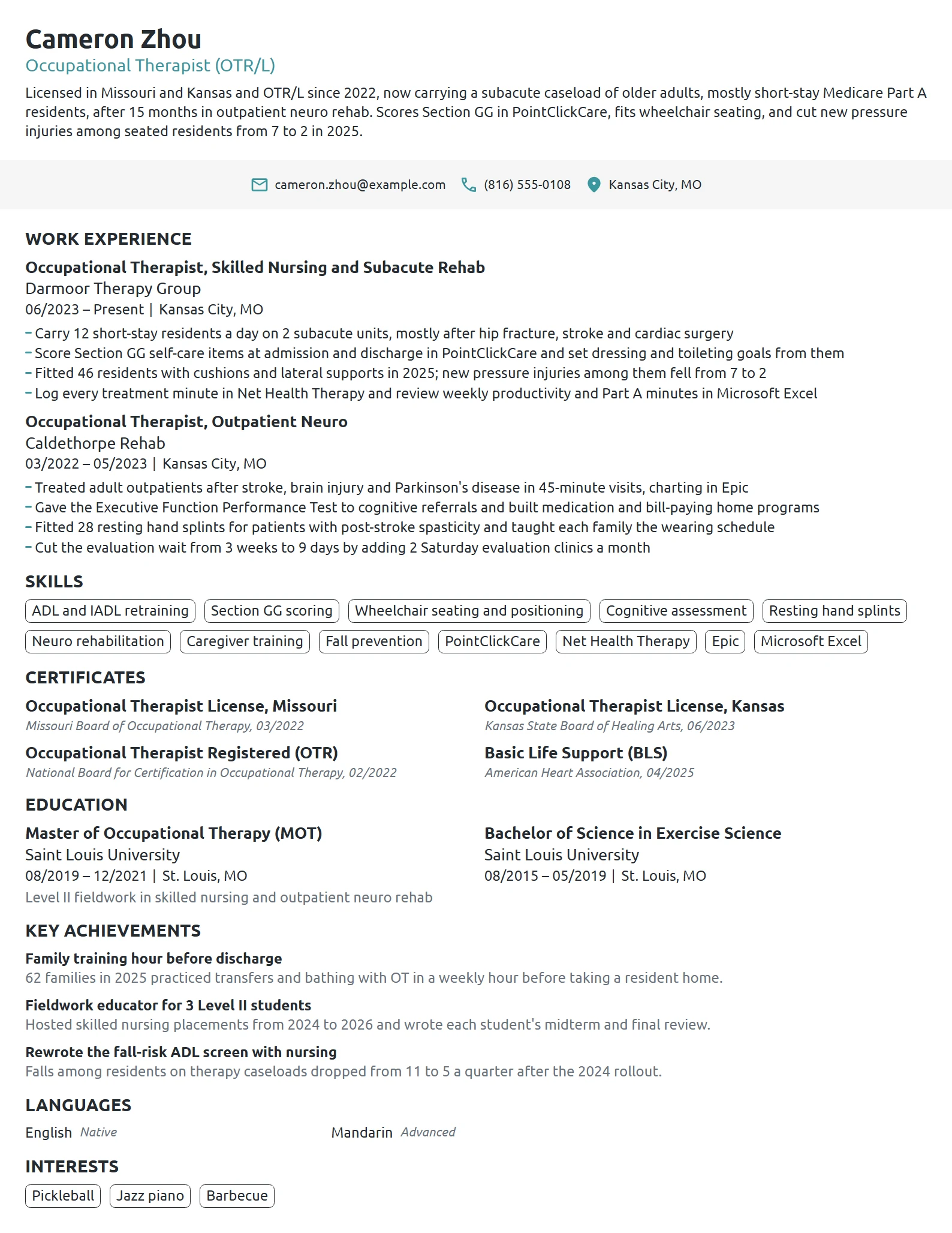 Occupational Therapist resume example