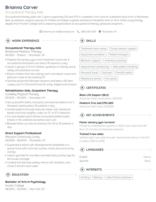 Occupational Therapy Aide resume example