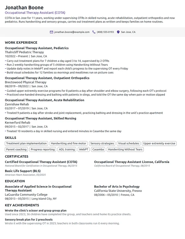 Occupational Therapy Assistant resume example