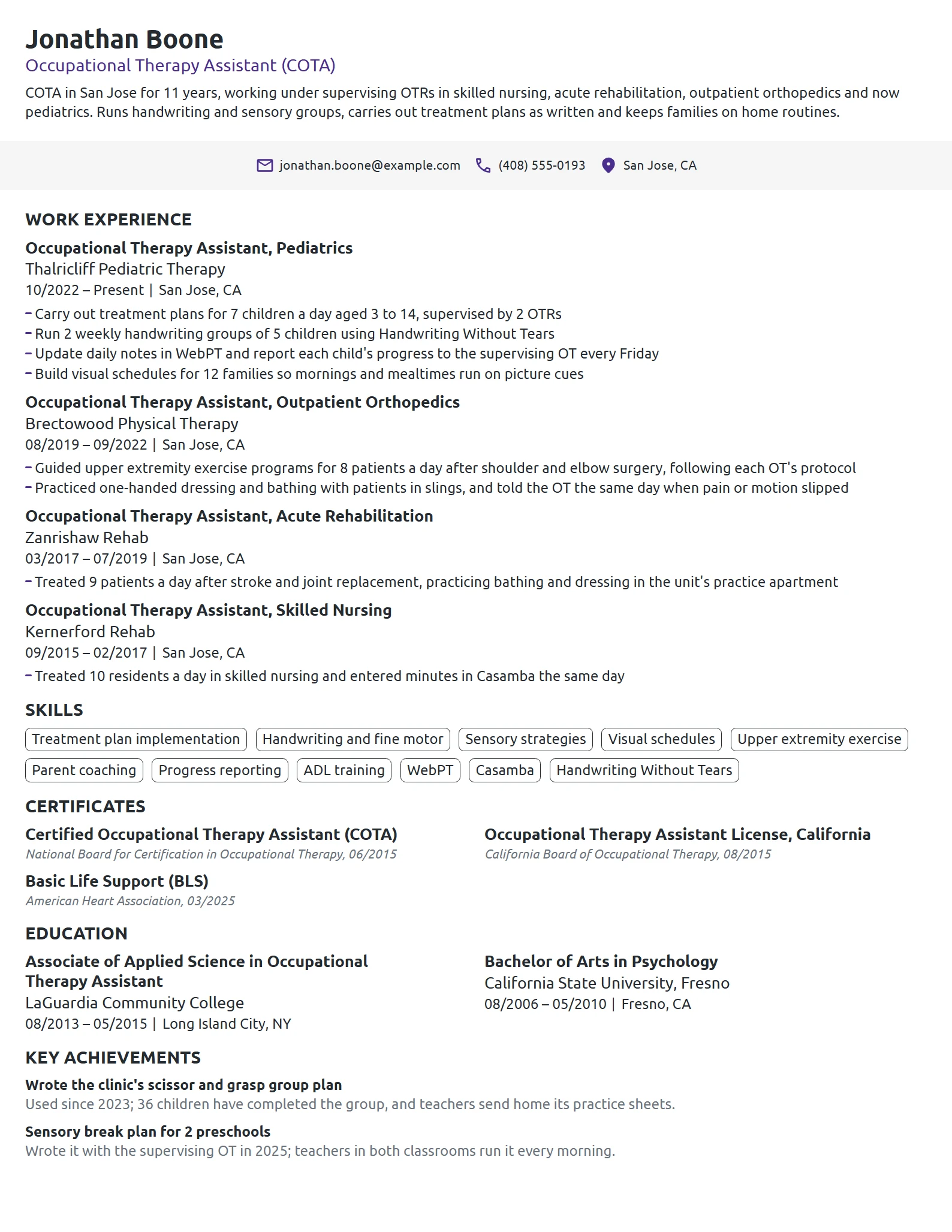 Occupational Therapy Assistant resume example