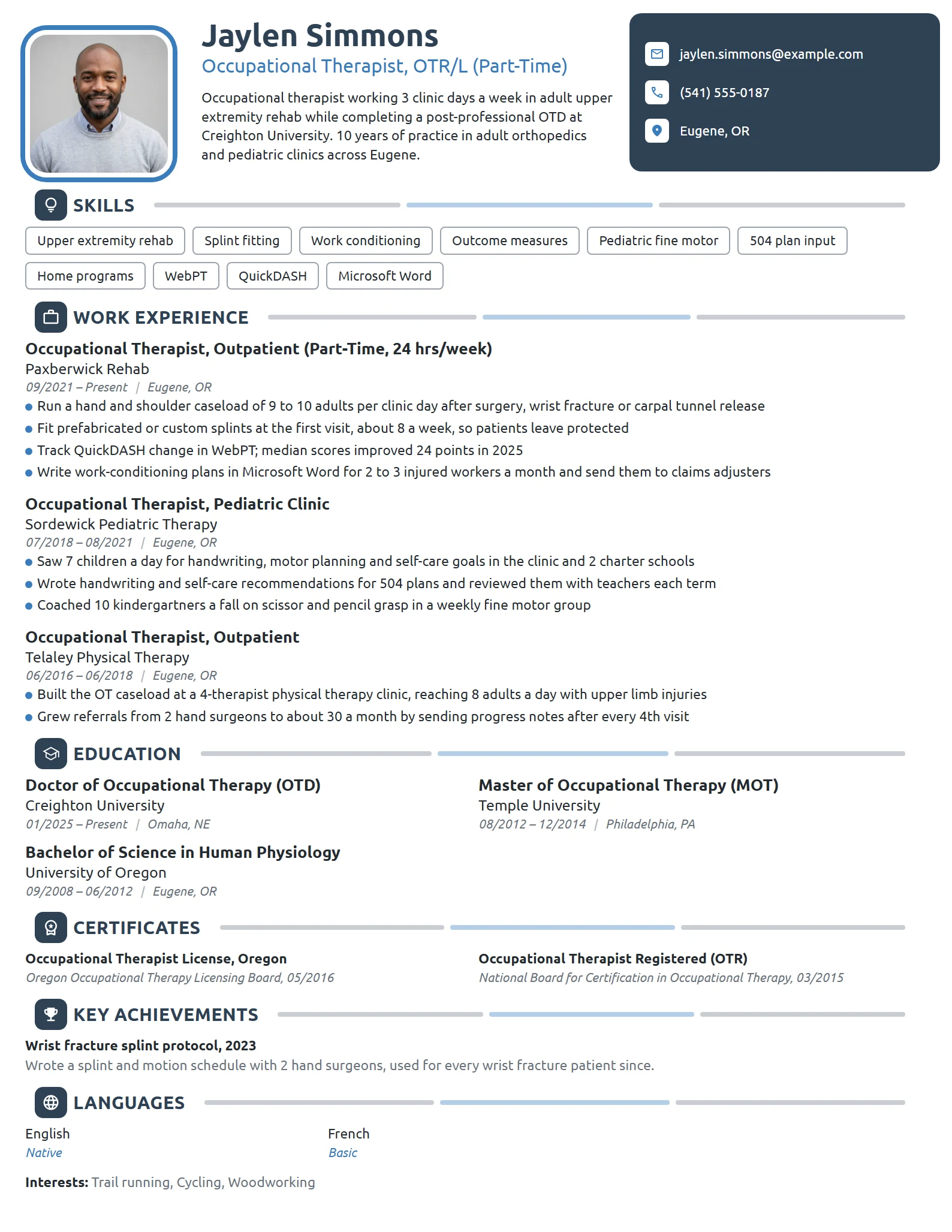 Part-Time Occupational Therapist resume example