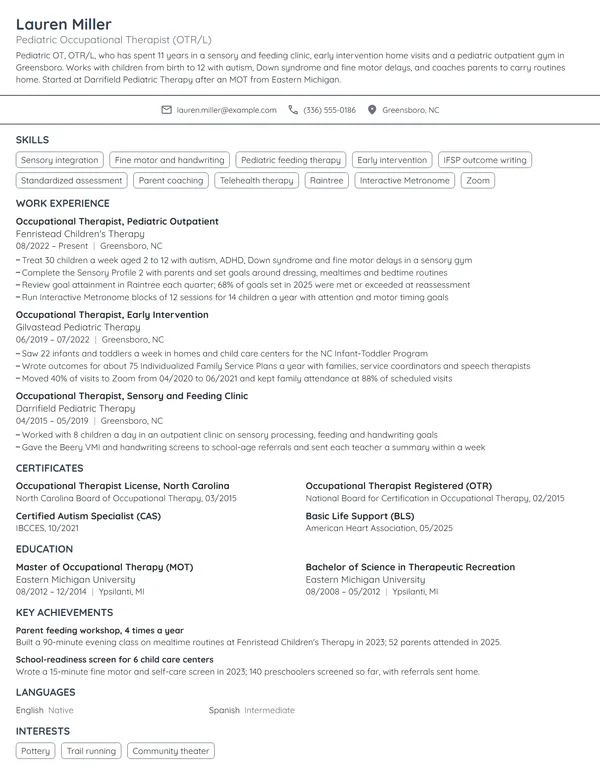 Pediatric Occupational Therapist resume example