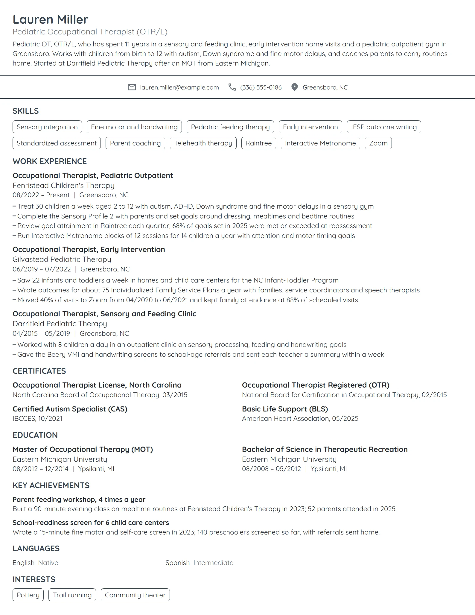 Pediatric Occupational Therapist resume example