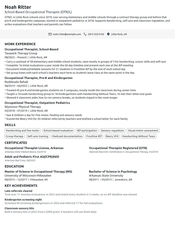 School-Based Occupational Therapist resume example