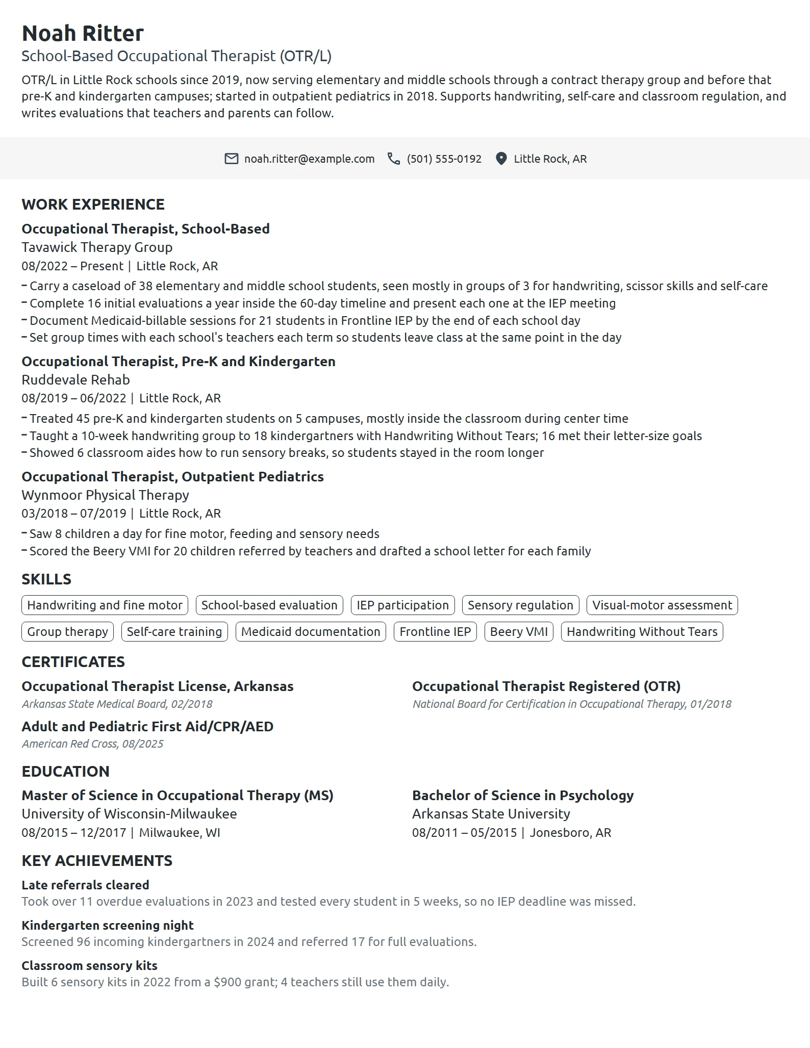 School-Based Occupational Therapist resume example