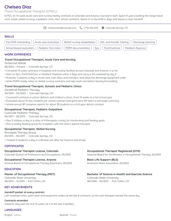 Travel Occupational Therapist resume example