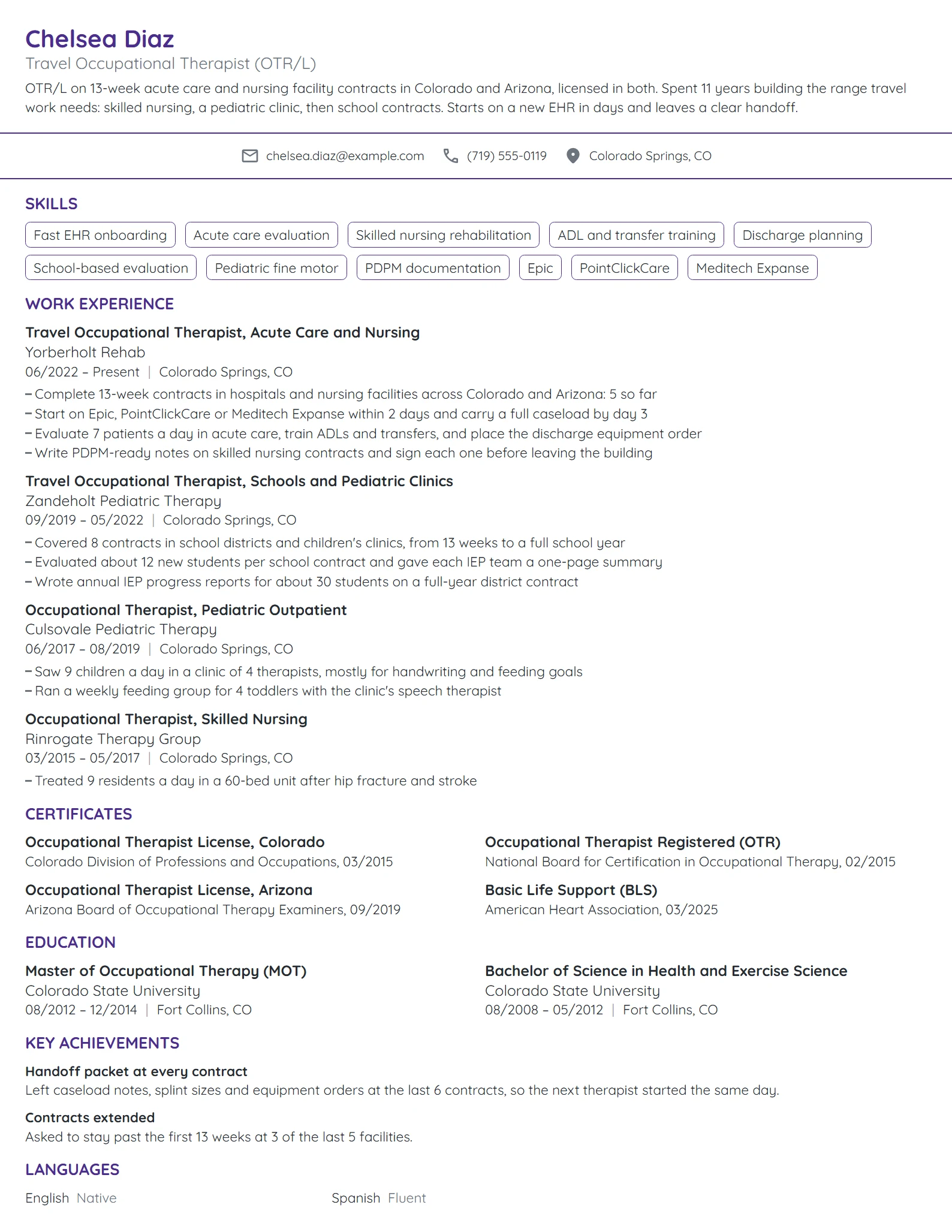 Travel Occupational Therapist resume example