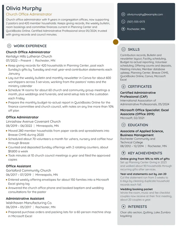Church Office Administrator resume example
