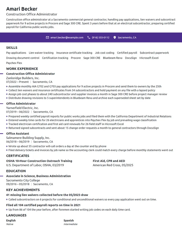 Construction Office Administrator resume example