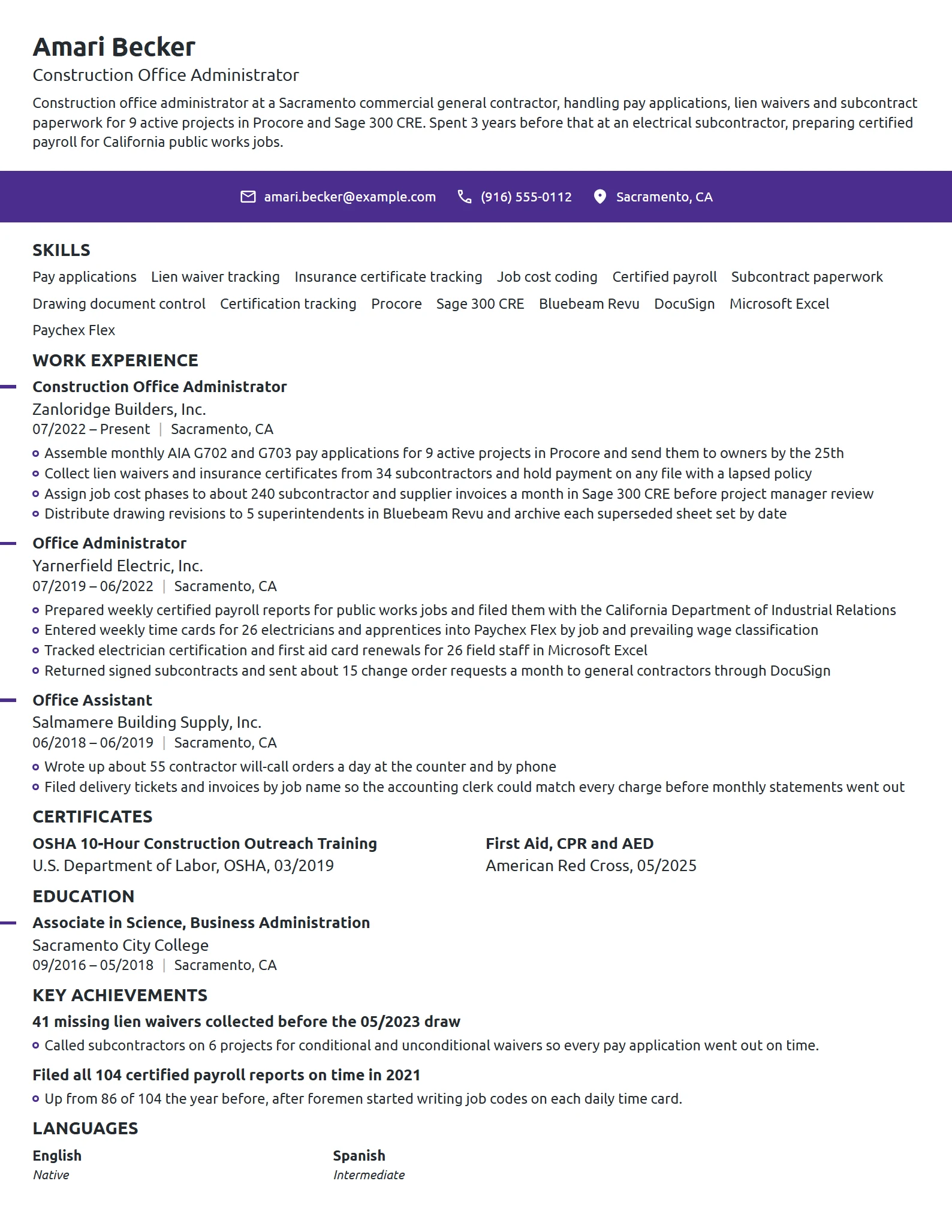 Construction Office Administrator resume example