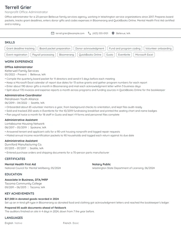 Nonprofit Office Administrator resume example