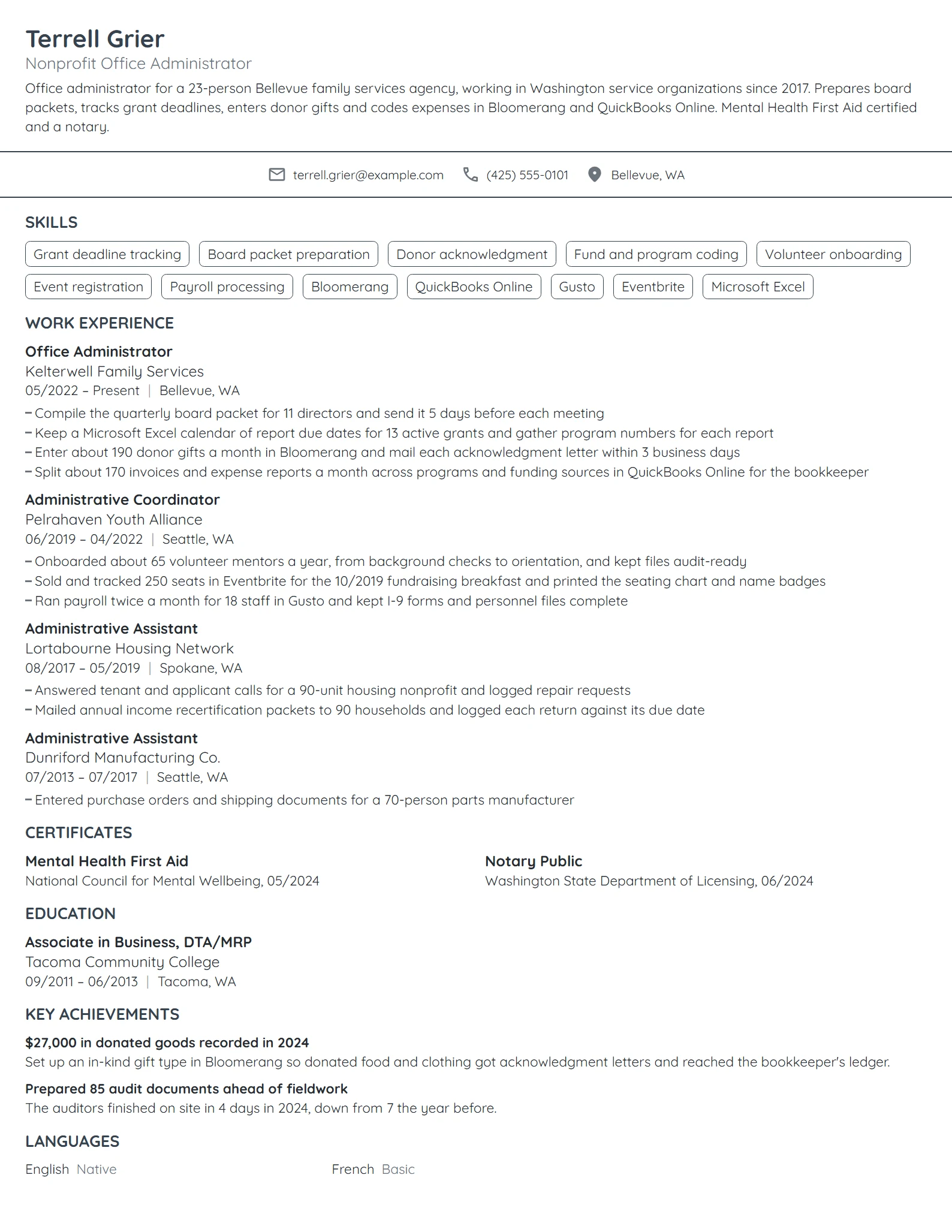 Nonprofit Office Administrator resume example