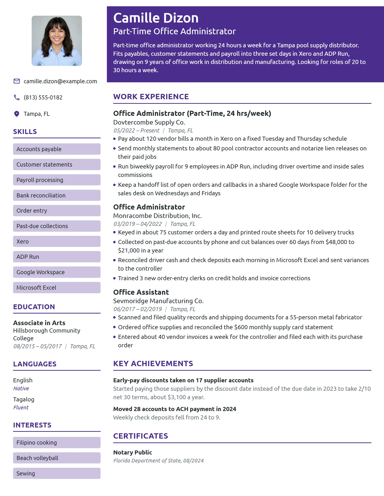Part-Time Office Administrator resume example