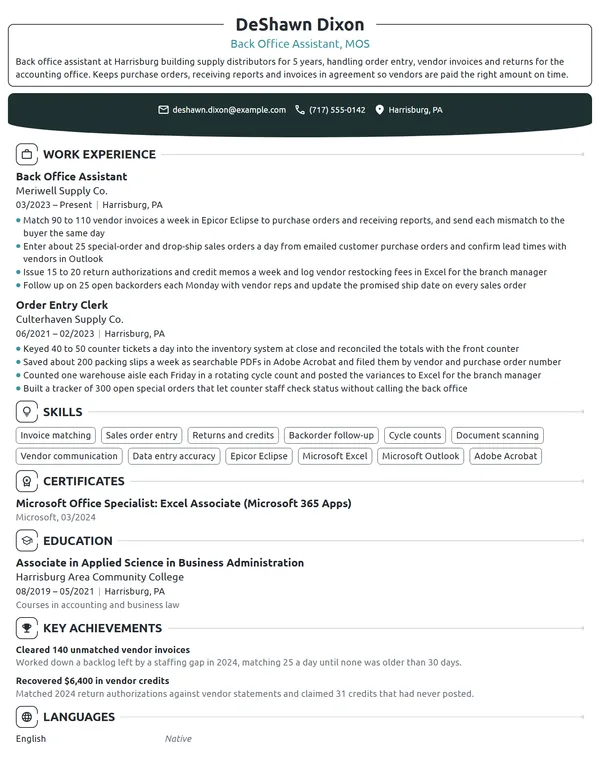Back Office Assistant resume example