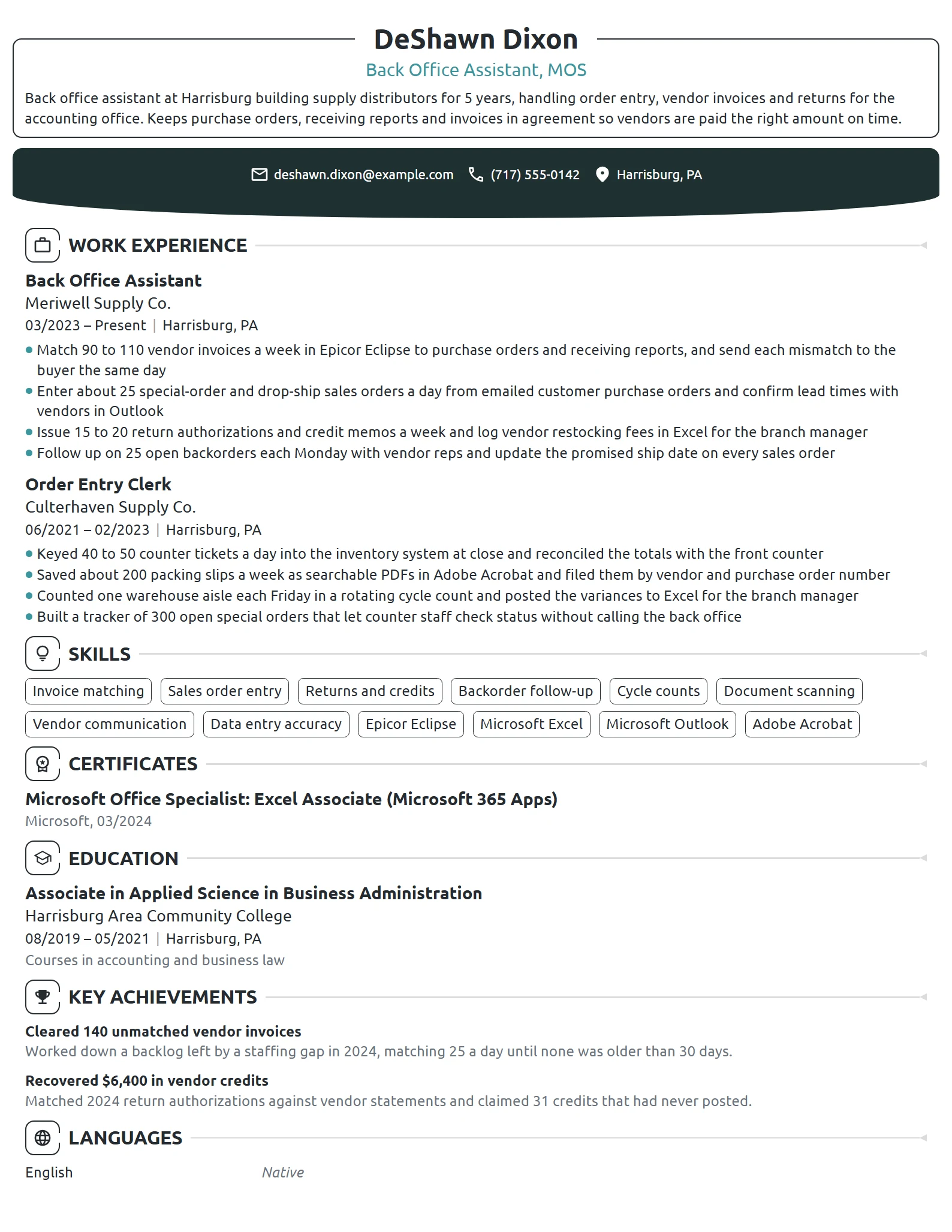 Back Office Assistant resume example