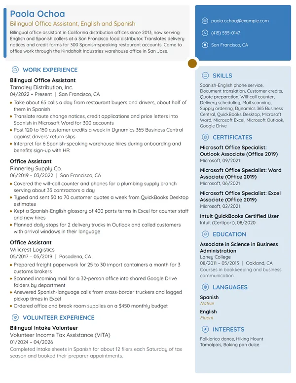 Bilingual Office Assistant resume example