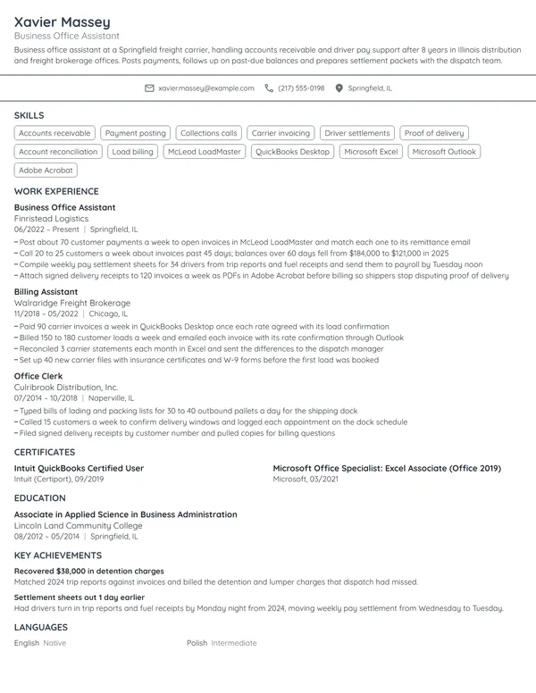 Business Office Assistant resume example