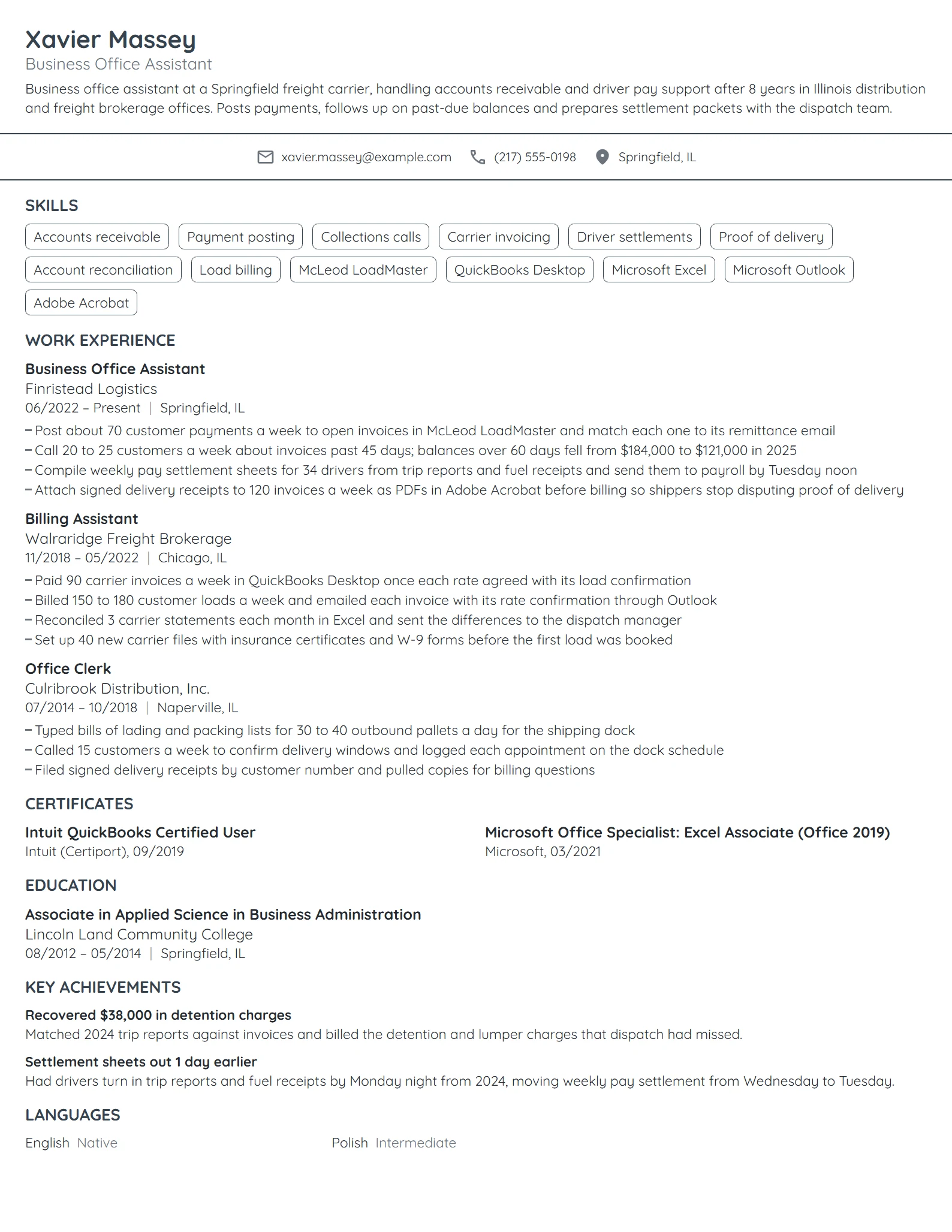 Business Office Assistant resume example