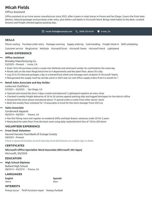 Career Change Office Assistant resume example