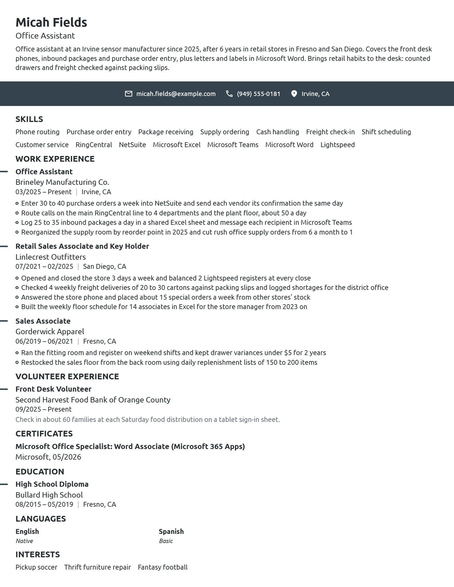 Career Change Office Assistant resume example