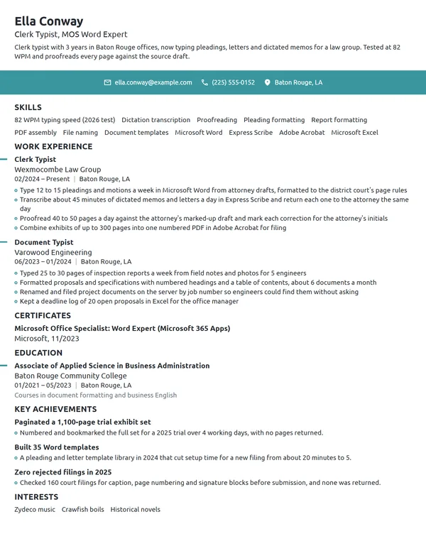 Clerk Typist resume example