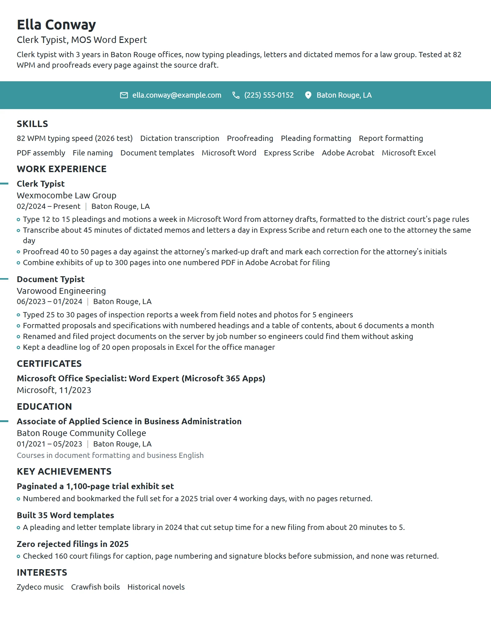 Clerk Typist resume example