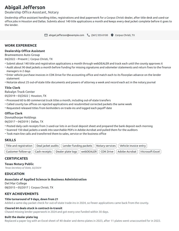 Dealership Office Assistant resume example