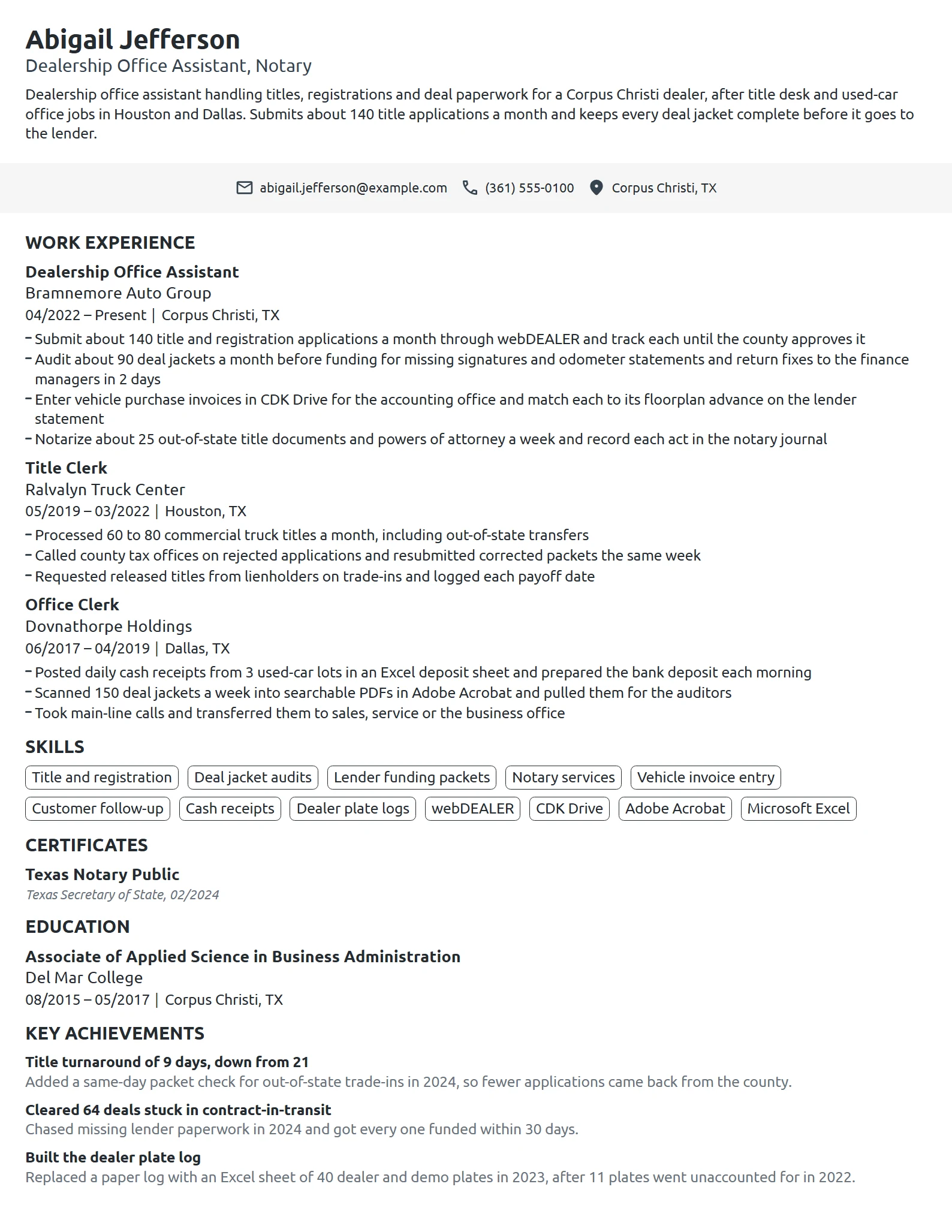 Dealership Office Assistant resume example