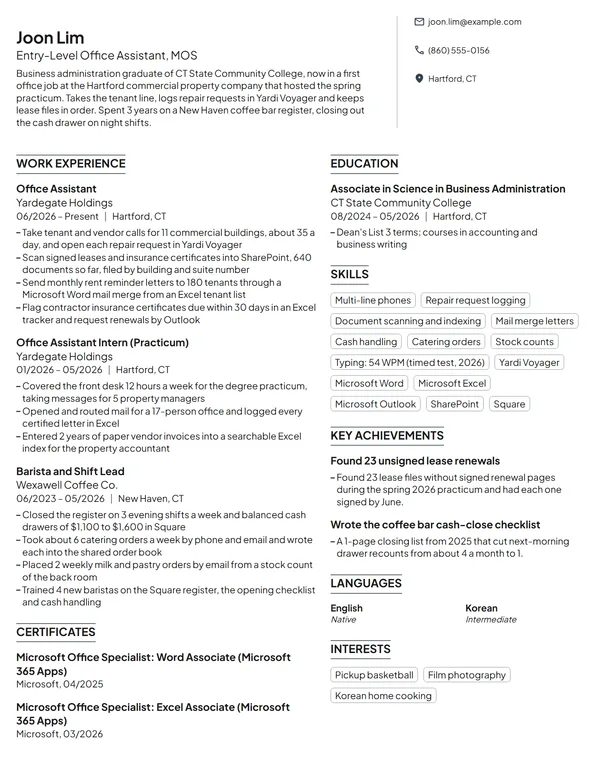 Entry-Level Office Assistant resume example