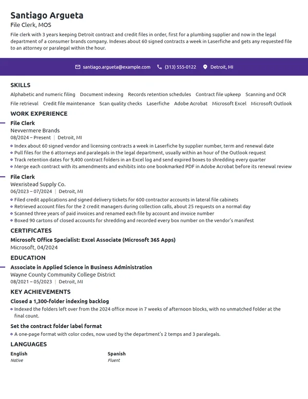File Clerk resume example