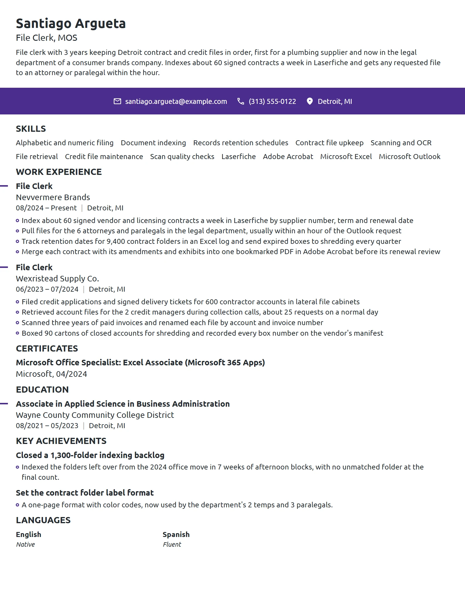 File Clerk resume example