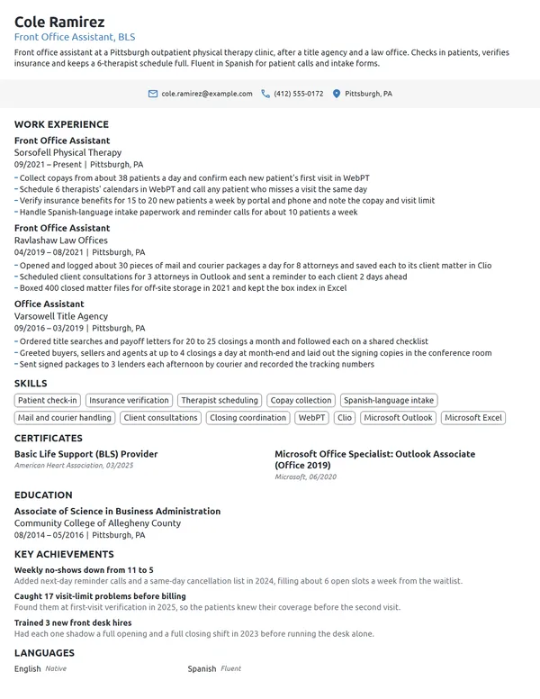 Front Office Assistant resume example