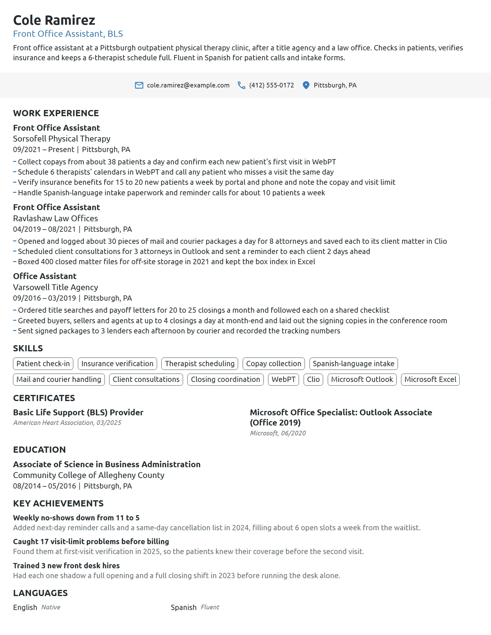 Front Office Assistant resume example