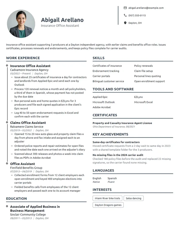 Insurance Office Assistant resume example