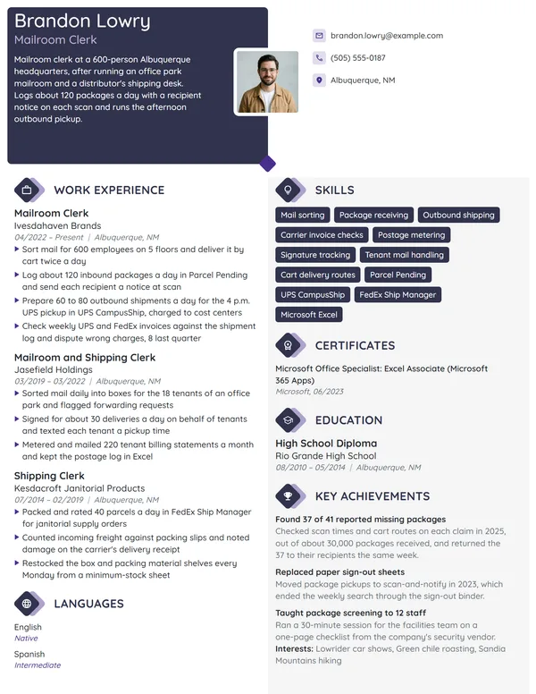 Mailroom Clerk resume example