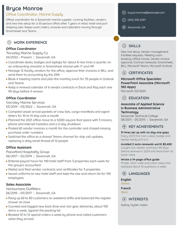 Office Coordinator resume example