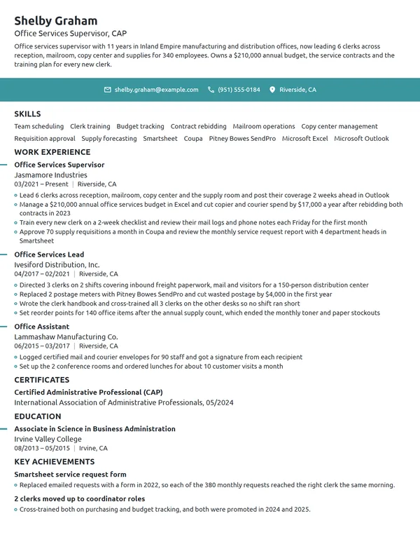 Office Services Supervisor resume example