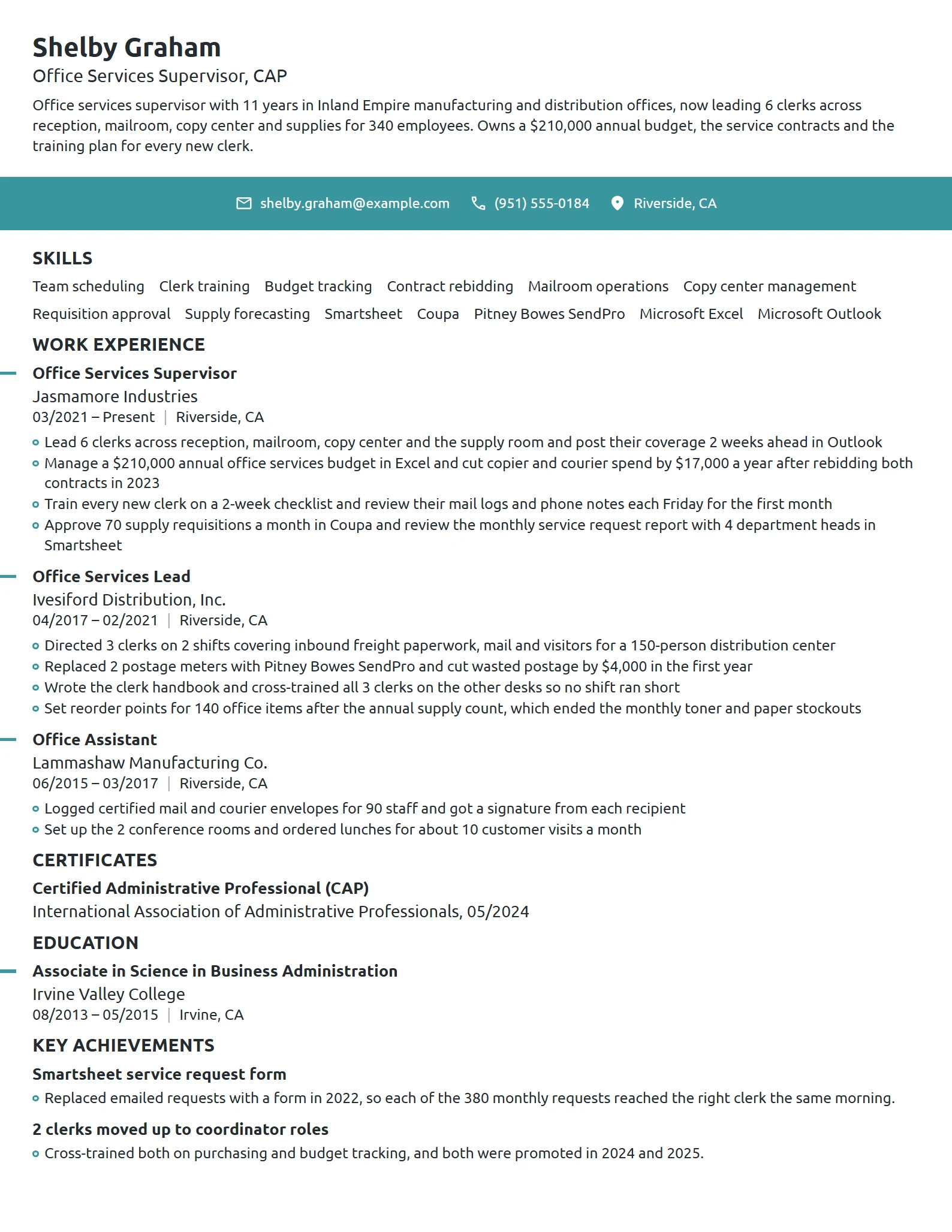 Office Services Supervisor resume example