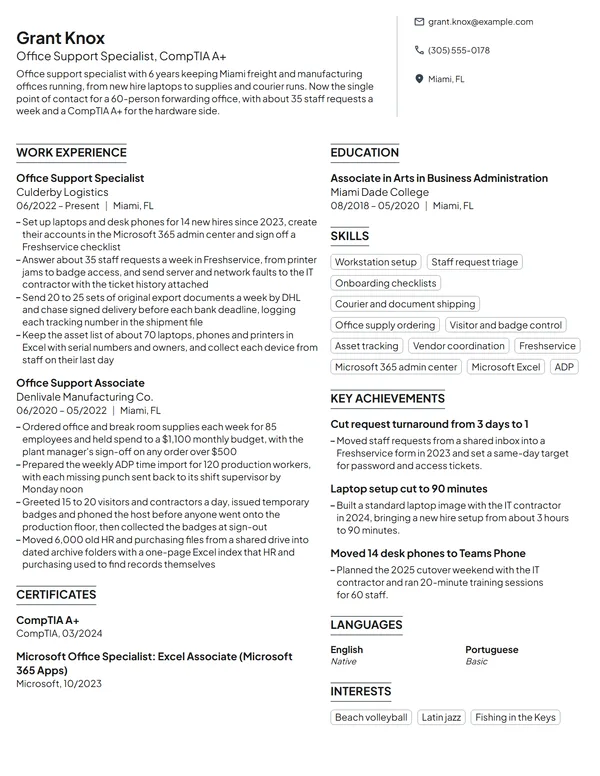 Office Support Specialist resume example