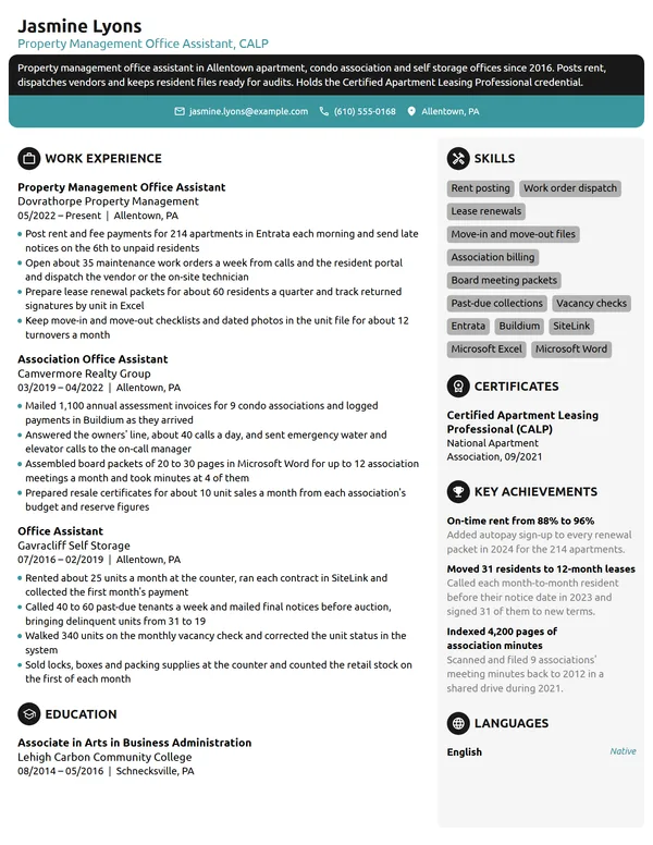 Property Management Office Assistant resume example