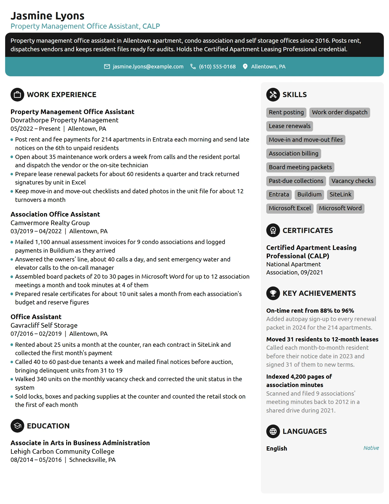 Property Management Office Assistant resume example