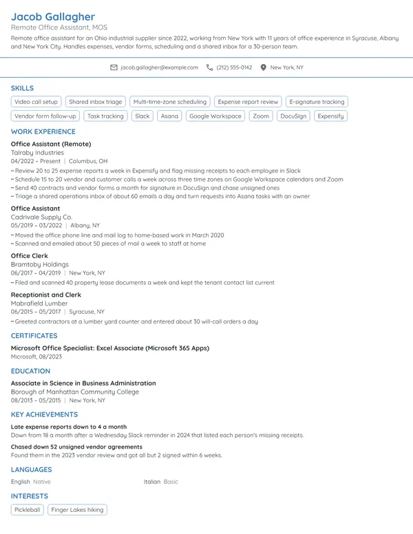 Remote Office Assistant resume example