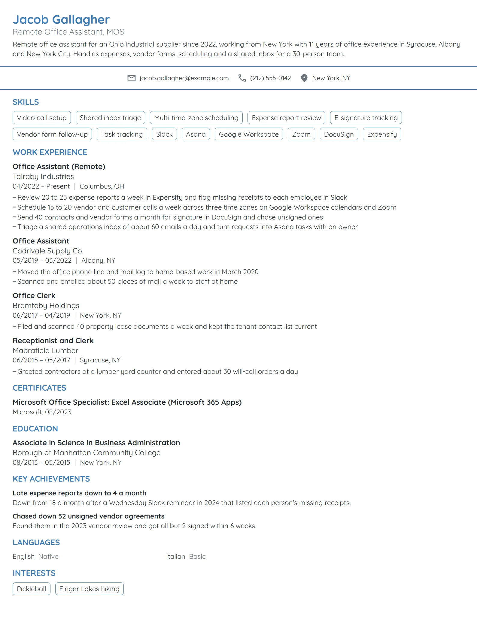 Remote Office Assistant resume example