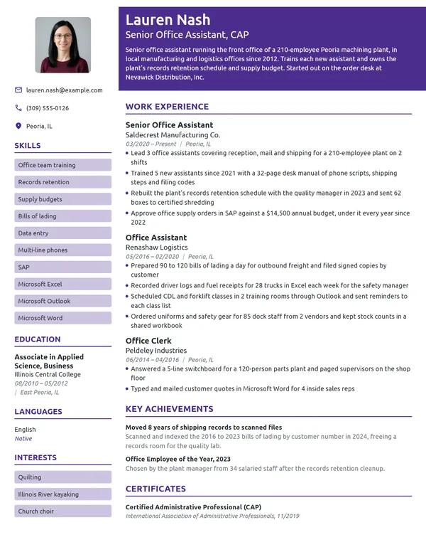 Senior Office Assistant resume example